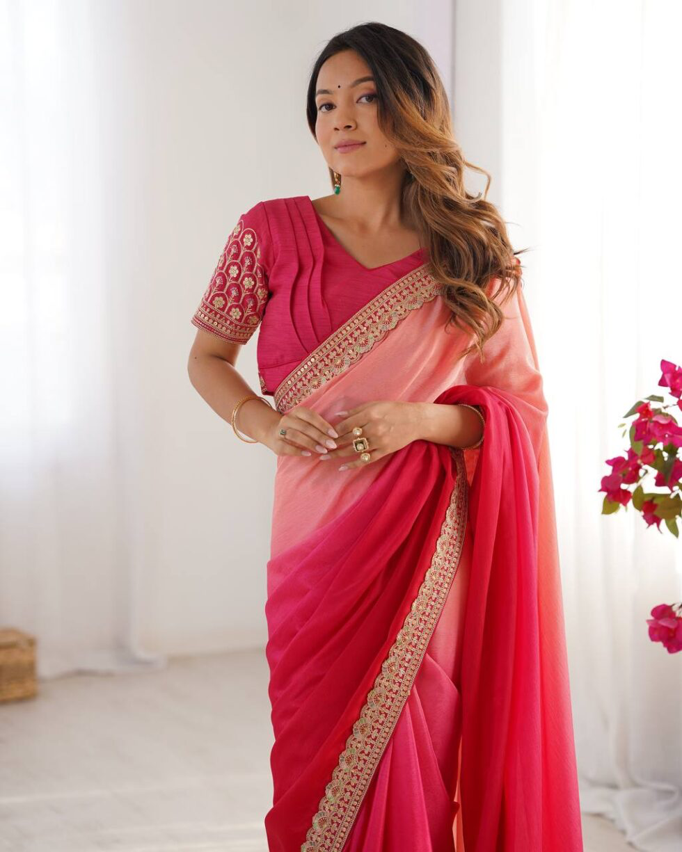 Handmade Pink Ombre Silk Saree with Golden Embroidered Border | Indian Ethnic Party Wear Sari for Women | Festival & Wedding Outfit (BLACKLUXE CRAFTS)