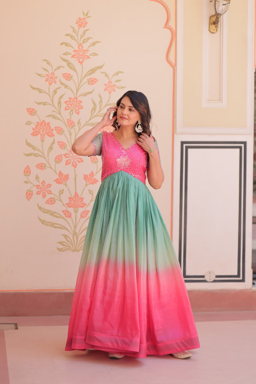 Women’s Ombre Anarkali Gown – Pink & Green Designer Ethnic Party Wear Dress (BLACKLUXE CRAFTS) - BLACKLUXECRAFTS