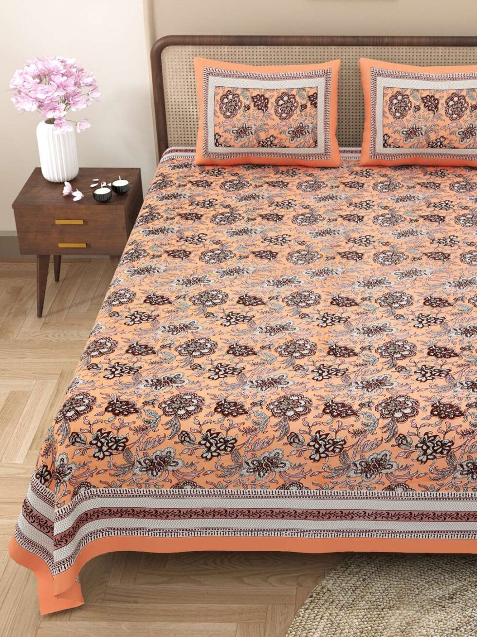 Handmade Peach Floral Cotton Bedsheet with Pillow Covers – Indian Block Print King Size Bedspread (BLACKLUXE CRAFTS) - BLACKLUXECRAFTS
