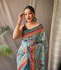 Handmade Turquoise Blue Kalamkari Print Saree – Traditional Indian Ethnic Wear – Pure Cotton Soft Saree with Tassels – Artisan Crafted from India (BLACKLUXE CRAFTS)