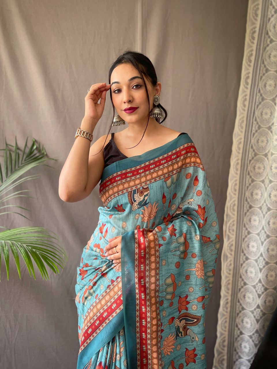 Handmade Turquoise Blue Kalamkari Print Saree – Traditional Indian Ethnic Wear – Pure Cotton Soft Saree with Tassels – Artisan Crafted from India (BLACKLUXE CRAFTS)