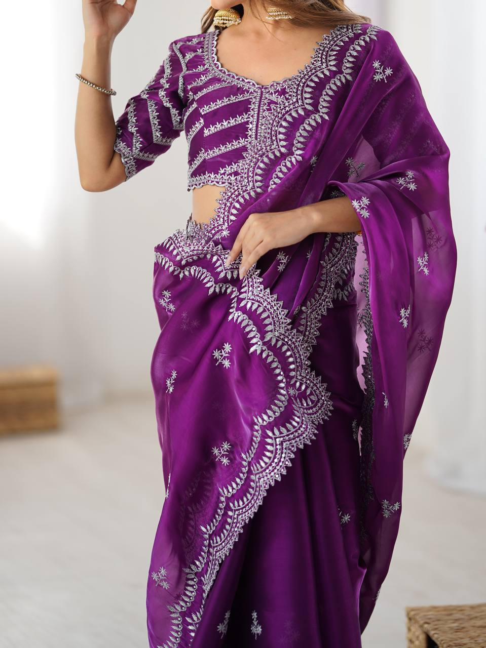 Handmade Purple Embroidered Saree with Silver Thread Work | Traditional Indian Designer Saree for Wedding & Party Wear | Ethnic Handmade Fashion from India (BLACKLUXE CRAFTS)