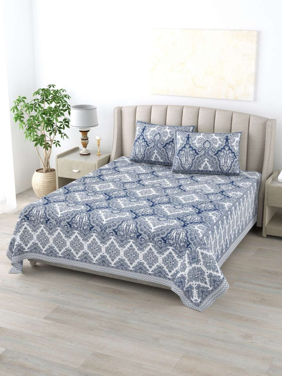 Handmade Cotton Bedsheet with 2 Pillow Covers – Indian Block Print Floral Design – Queen Size Bedspread – Soft & Breathable Bedding Set from India (BLACKLUXE CRAFTS) - BLACKLUXECRAFTS