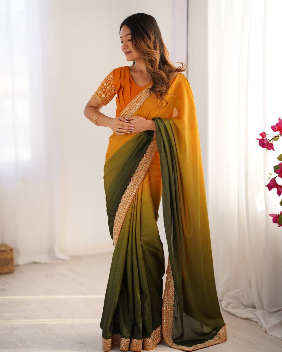 Handmade Indian Ombre Saree – Yellow & Green Gradient Silk Blend with Golden Border | Elegant Ethnic Saree for Women (BLACKLUXE CRAFTS)