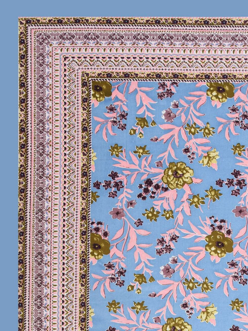 Handmade Blue Floral Cotton Bedsheet with Pillow Covers – Indian Block Print King Size Bedspread | Soft Ethnic Bedding from India (BLACKLUXE CRAFTS) - BLACKLUXECRAFTS