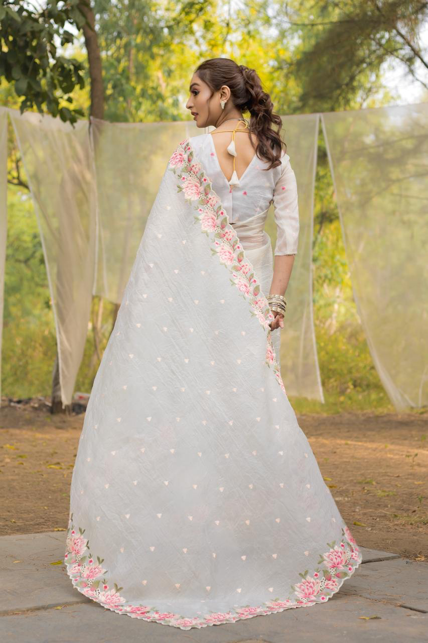 Handmade White Linen Saree with Pink Floral Embroidery | Pure Indian Ethnic Saree | Wedding, Party & Festive Wear | Artisan Crafted Saree from India (BLACKLUXE CRAFTS)
