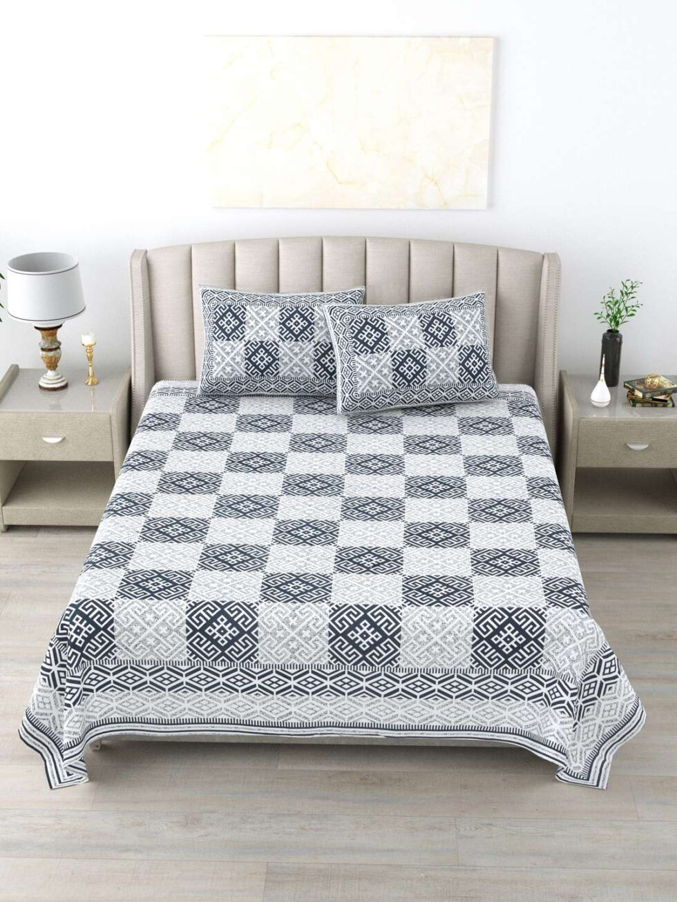 Handmade Cotton Block Print Bedsheet with Pillow Covers – King Size | Indian Ethnic Geometric Design Bedspread | Lightweight Soft Bedding Set (BLACKLUXE CRAFTS) - BLACKLUXECRAFTS