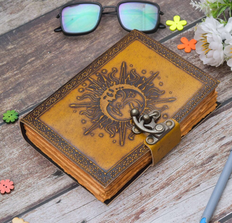 Handmade Leather Journal Notebook – Sun & Moon Embossed Diary with Lock, Vintage Writing Journal for Travel, Sketchbook & Gift
(BLACKLUXE CRAFTS) - BLACKLUXECRAFTS