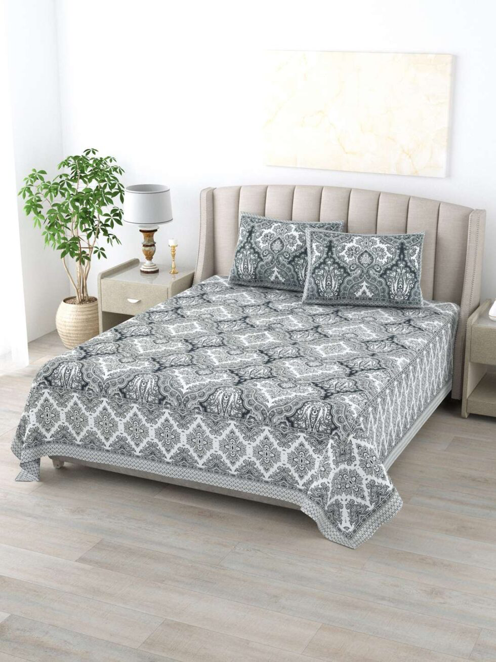 Handmade Cotton Bed Sheet with Pillow Covers – Black & White Paisley Block Print, Queen Size, Ethnic Indian Bedding Set (BLACKLUXE CRAFTS) - BLACKLUXECRAFTS