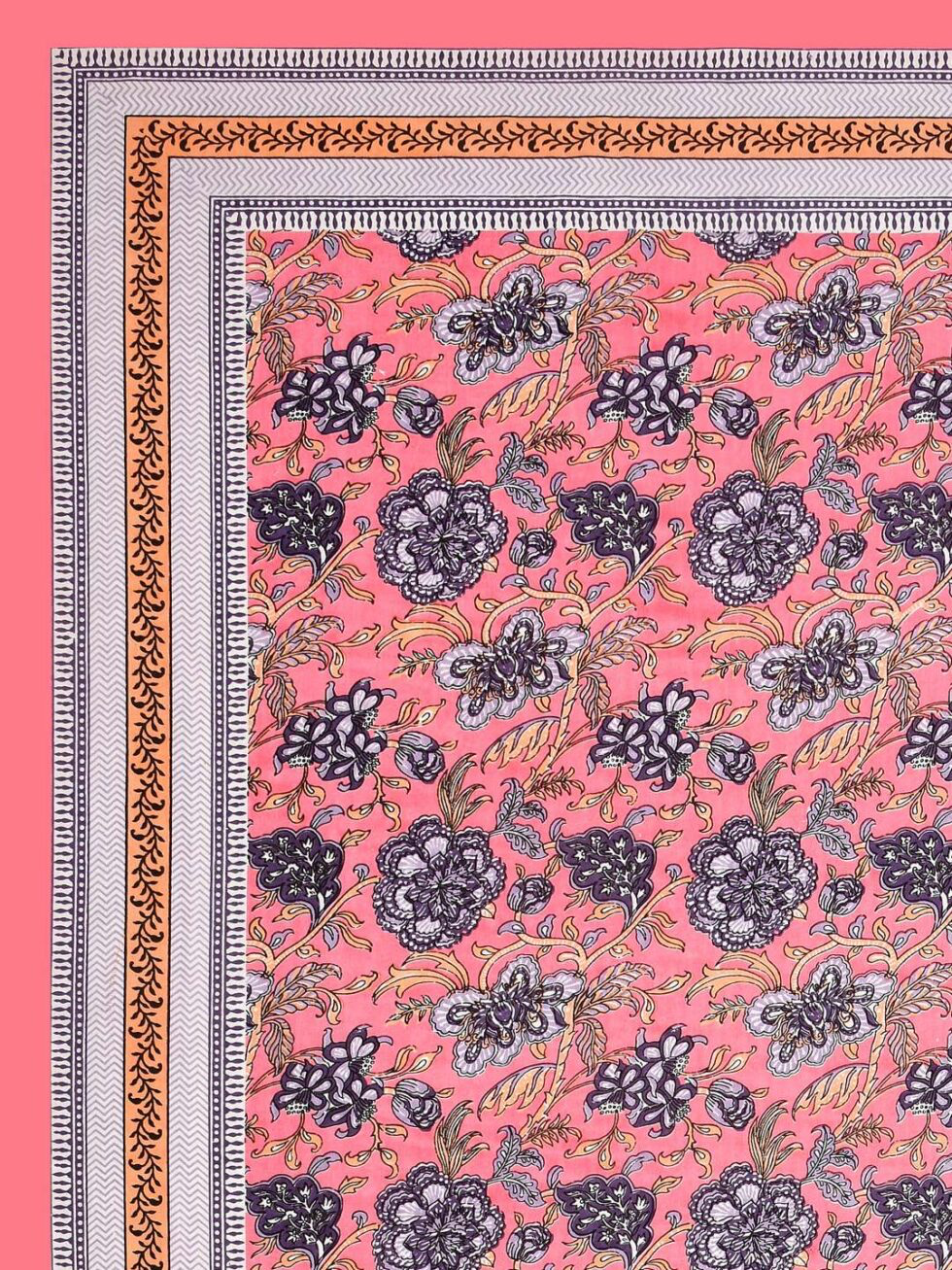 Handmade Pink Floral Cotton Bedsheet Set with Pillow Covers | Indian Block Print Bedspread | Queen Size Bohemian Bedding (BLACKLUXE CRAFTS) - BLACKLUXECRAFTS