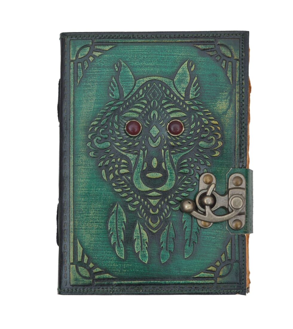 Wolf Spirit Leather Journal – Handmade Tribal Notebook with Lock & Gemstone Eyes | Vintage Boho Diary, Wiccan Grimoire, Pagan Gift (BLACKLUXE CRAFTS) - BLACKLUXECRAFTS