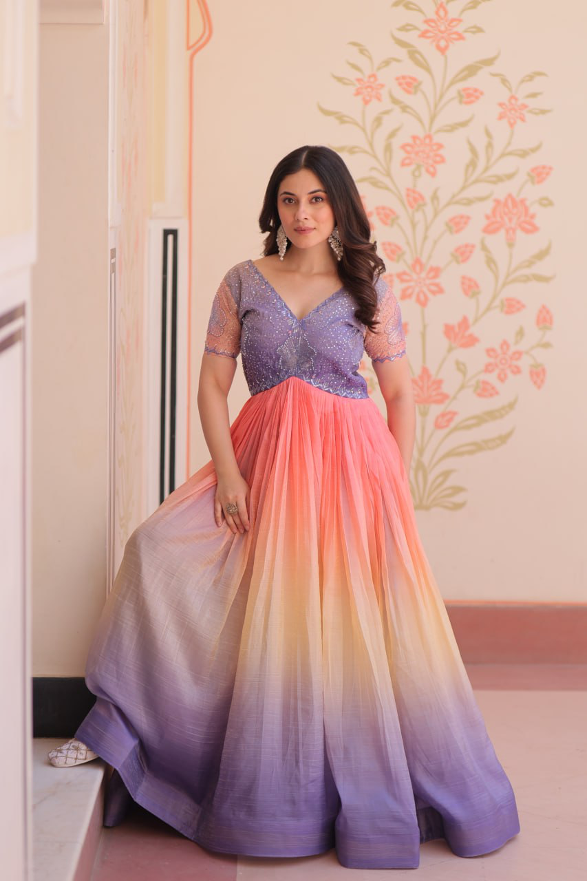 Handmade Ombre Silk Anarkali Gown – Designer Indian Ethnic Party Wear Dress for Women | Traditional Festive Outfit from India (BLACKLUXE CRAFTS) - BLACKLUXECRAFTS