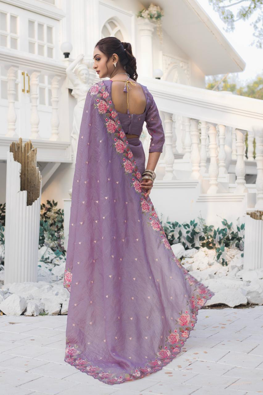 Handmade Lavender Organza Saree with Pink Floral Embroidery | Ethnic Indian Wedding Saree | Lightweight Party Wear Saree for Women (BLACKLUXE CRAFTS)