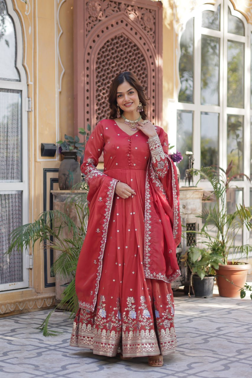 Handmade Red Anarkali Gown with Dupatta – Embroidered Indian Ethnic Dress for Women | Wedding & Party Wear Outfit from India (BLACKLUXE CRAFTS)
