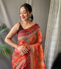 Handmade Indian Saree – Orange Cotton Silk Saree with Traditional Madhubani Print | Elegant Ethnic Wear for Women (BLACKLUXE CRAFTS)