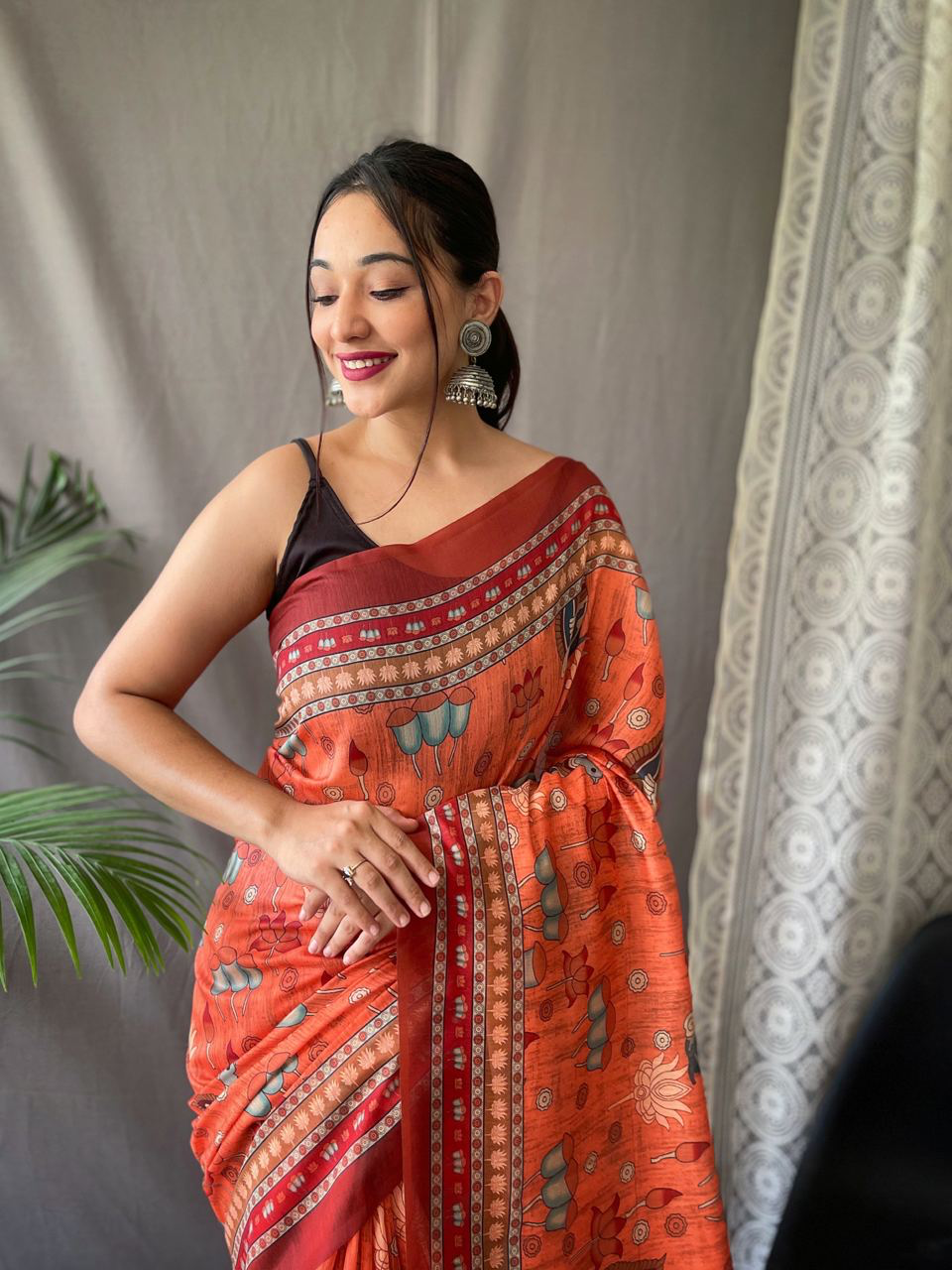 Handmade Indian Saree – Orange Cotton Silk Saree with Traditional Madhubani Print | Elegant Ethnic Wear for Women (BLACKLUXE CRAFTS)