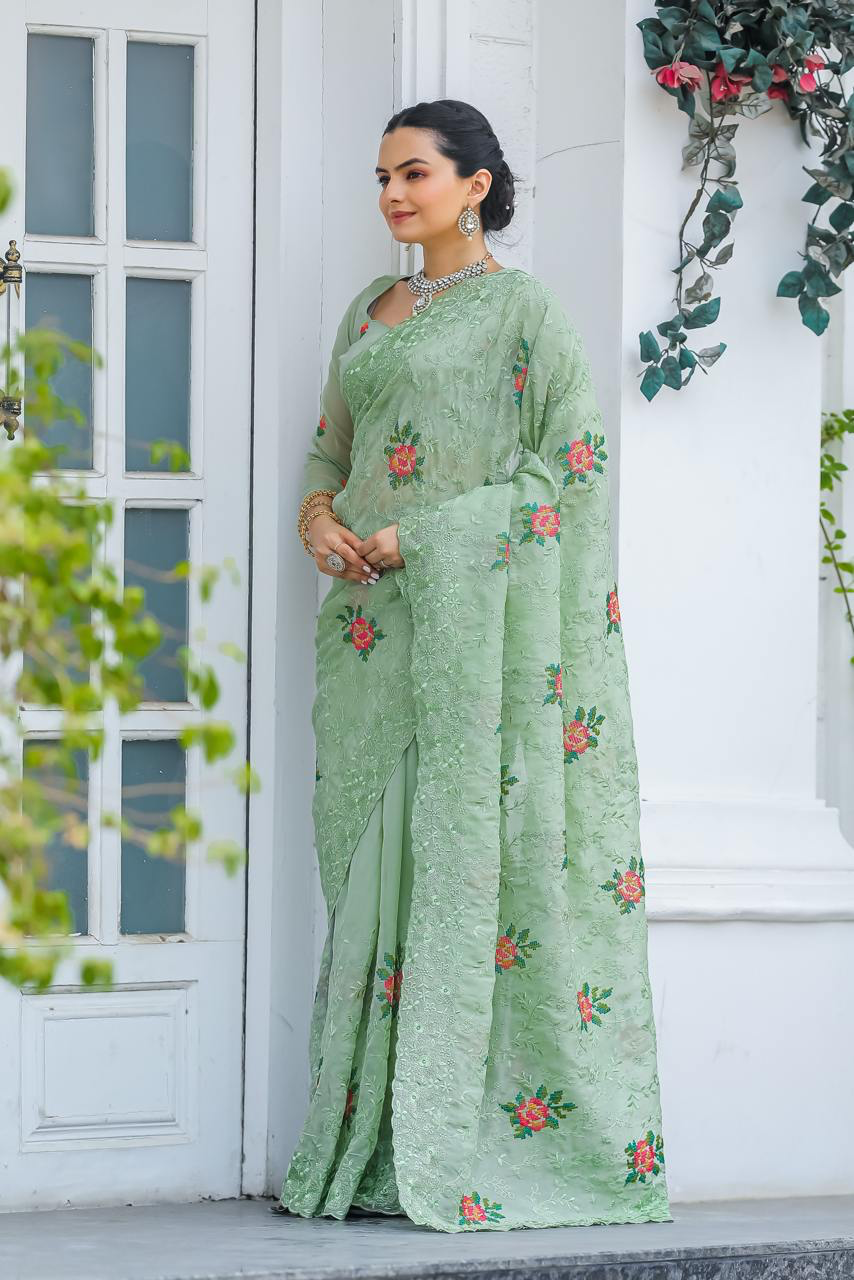 Handmade Pastel Green Floral Embroidered Saree – Pure Georgette Indian Ethnic Wear for Women | Elegant Wedding & Party Outfit from India (BLACKLUXE CRAFTS)