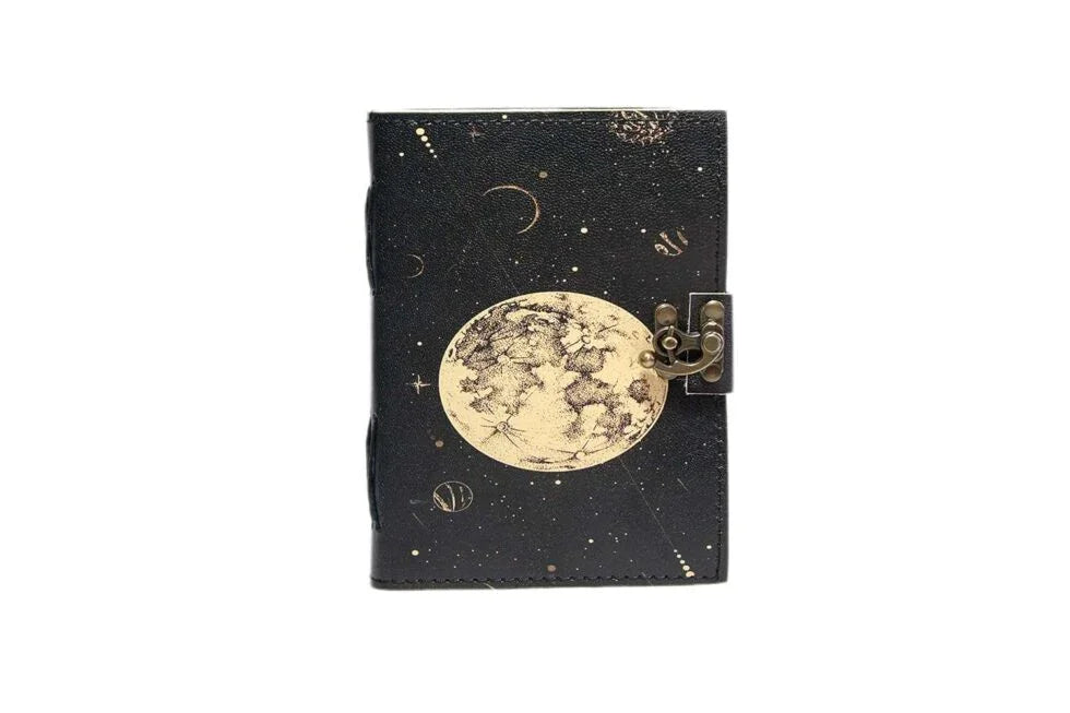 Handmade Leather Moon & Stars Journal with Lock | Vintage Galaxy Writing Notebook, Travel Diary & Gift (BLACKLUXE CRAFTS) - BLACKLUXECRAFTS