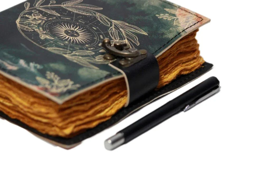 Celestial Moon & Sun Leather Journal – Handmade Vintage Notebook with Lock | Astrology Grimoire, Wiccan Sketchbook, Boho Writing Diary (BLACKLUXE CRAFTS) - BLACKLUXECRAFTS