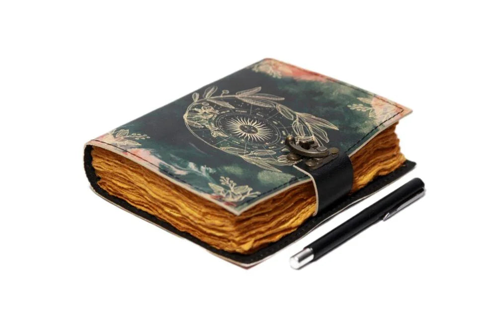 Celestial Moon & Sun Leather Journal – Handmade Vintage Notebook with Lock | Astrology Grimoire, Wiccan Sketchbook, Boho Writing Diary (BLACKLUXE CRAFTS) - BLACKLUXECRAFTS