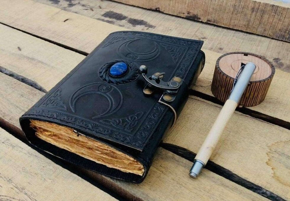 Triple Moon Goddess Leather Journal – Handmade Black Grimoire with Gemstone & Lock | Wiccan Book of Shadows, Pagan Diary, Vintage Sketchbook (BLACKLUXE CRAFTS) - BLACKLUXECRAFTS