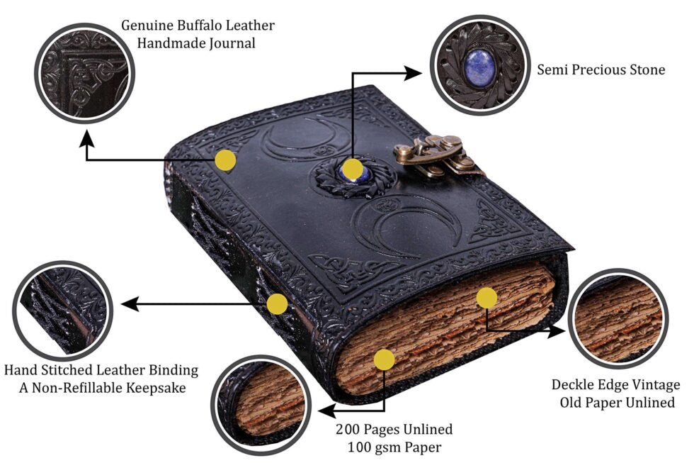 Triple Moon Goddess Leather Journal – Handmade Black Grimoire with Gemstone & Lock | Wiccan Book of Shadows, Pagan Diary, Vintage Sketchbook (BLACKLUXE CRAFTS) - BLACKLUXECRAFTS
