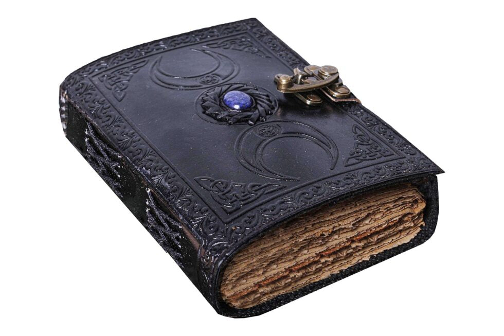 Triple Moon Goddess Leather Journal – Handmade Black Grimoire with Gemstone & Lock | Wiccan Book of Shadows, Pagan Diary, Vintage Sketchbook (BLACKLUXE CRAFTS) - BLACKLUXECRAFTS