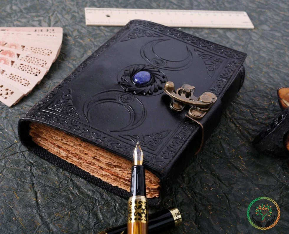 Triple Moon Goddess Leather Journal – Handmade Black Grimoire with Gemstone & Lock | Wiccan Book of Shadows, Pagan Diary, Vintage Sketchbook (BLACKLUXE CRAFTS) - BLACKLUXECRAFTS