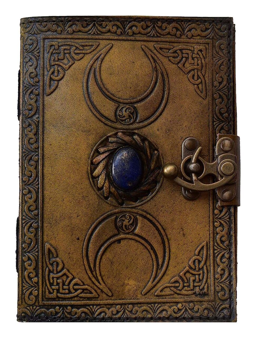 Antique Triple Moon Goddess Leather Journal – Handmade Brown Grimoire with Gemstone & Lock | Wiccan Book of Shadows, Pagan Diary, Vintage Writing Notebook (BLACKLUXE CRAFTS) - BLACKLUXECRAFTS