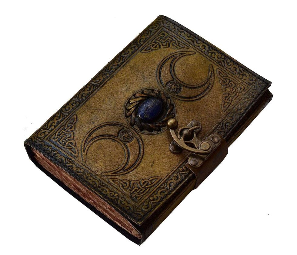 Antique Triple Moon Goddess Leather Journal – Handmade Brown Grimoire with Gemstone & Lock | Wiccan Book of Shadows, Pagan Diary, Vintage Writing Notebook (BLACKLUXE CRAFTS) - BLACKLUXECRAFTS