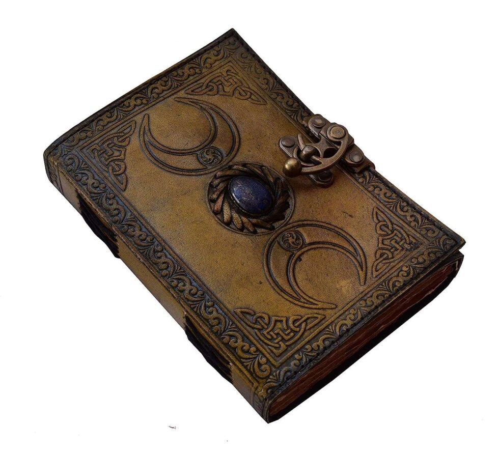 Antique Triple Moon Goddess Leather Journal – Handmade Brown Grimoire with Gemstone & Lock | Wiccan Book of Shadows, Pagan Diary, Vintage Writing Notebook (BLACKLUXE CRAFTS) - BLACKLUXECRAFTS
