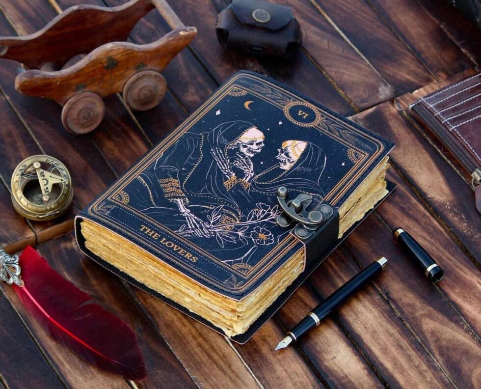 The Lovers Tarot Leather Journal – Gothic Handmade Notebook with Lock | Vintage Grimoire, Wiccan Book of Shadows, Occult Writing Diary (BLACKLUXE CRAFTS) - BLACKLUXECRAFTS