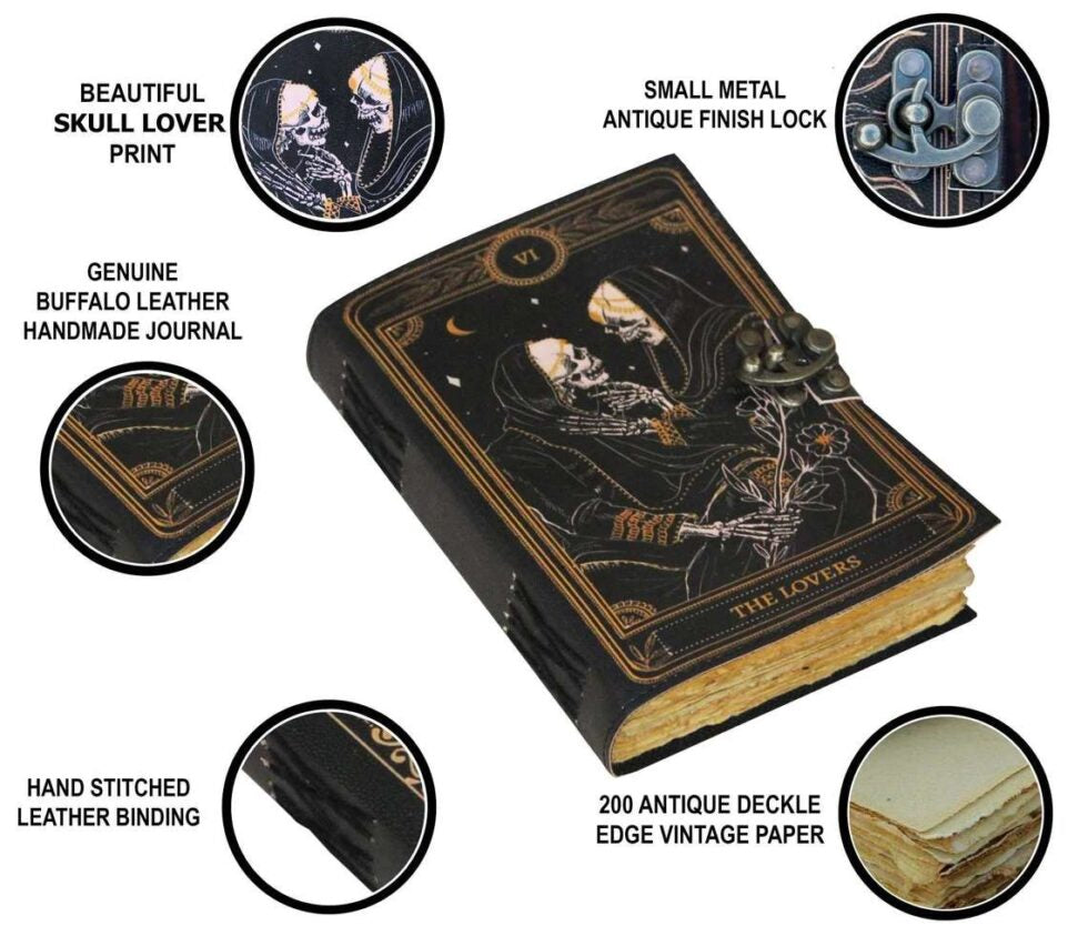 The Lovers Tarot Leather Journal – Gothic Handmade Notebook with Lock | Vintage Grimoire, Wiccan Book of Shadows, Occult Writing Diary (BLACKLUXE CRAFTS) - BLACKLUXECRAFTS