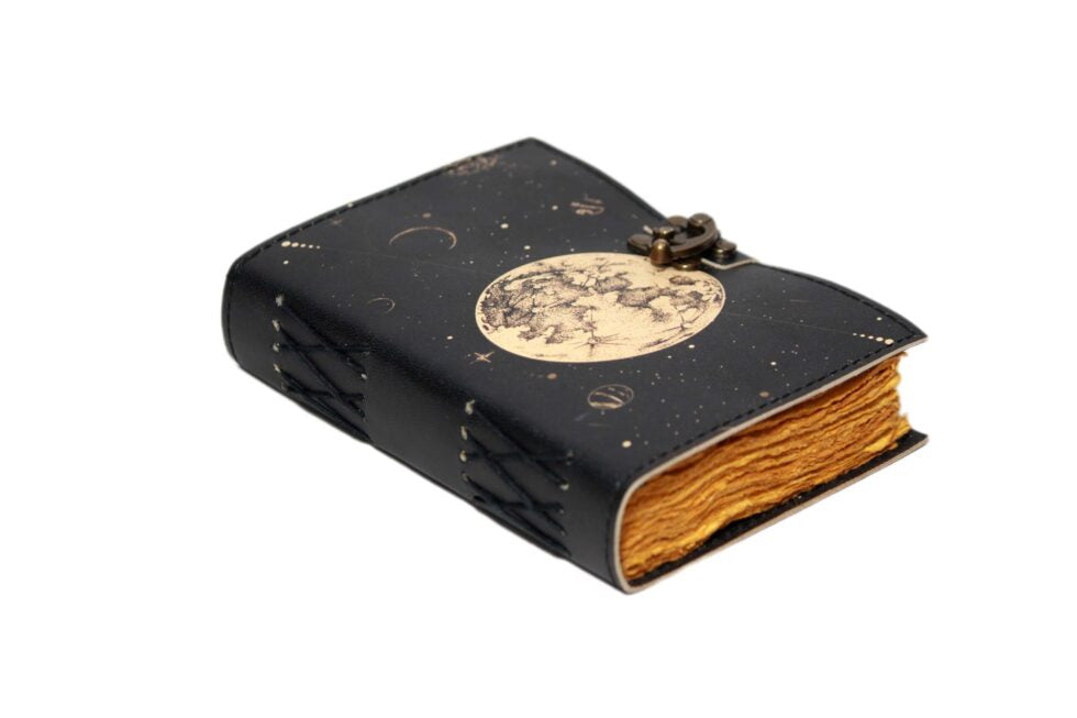 Full Moon Leather Journal – Celestial Handmade Notebook with Lock | Astrology Grimoire, Wiccan Book of Shadows, Vintage Writing Diary (BLACKLUXE CRAFTS) - BLACKLUXECRAFTS