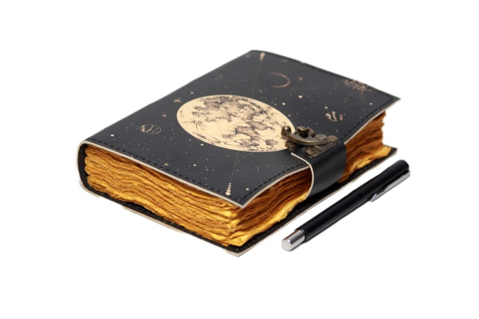 Full Moon Leather Journal – Celestial Handmade Notebook with Lock | Astrology Grimoire, Wiccan Book of Shadows, Vintage Writing Diary (BLACKLUXE CRAFTS) - BLACKLUXECRAFTS
