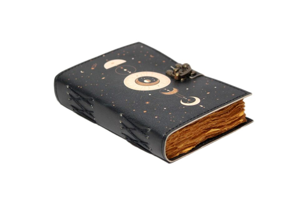 Celestial Moon Phase Leather Journal – Handmade Astrology Notebook with Lock | Wiccan Book of Shadows, Gothic Grimoire, Vintage Writing Diary (BLACKLUXE CRAFTS) - BLACKLUXECRAFTS