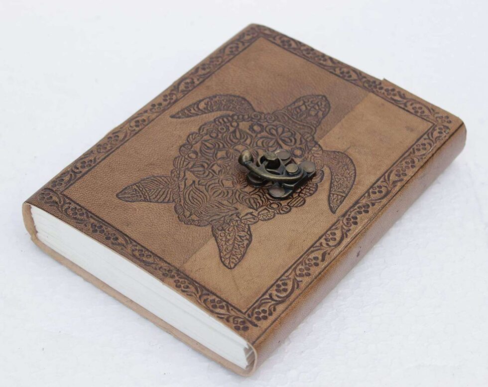 Handmade Brown Leather Journal with Turtle Embossing – Vintage Lock Diary for Writing, Sketching & Gifting (BLACKLUXE CRAFTS) - BLACKLUXECRAFTS