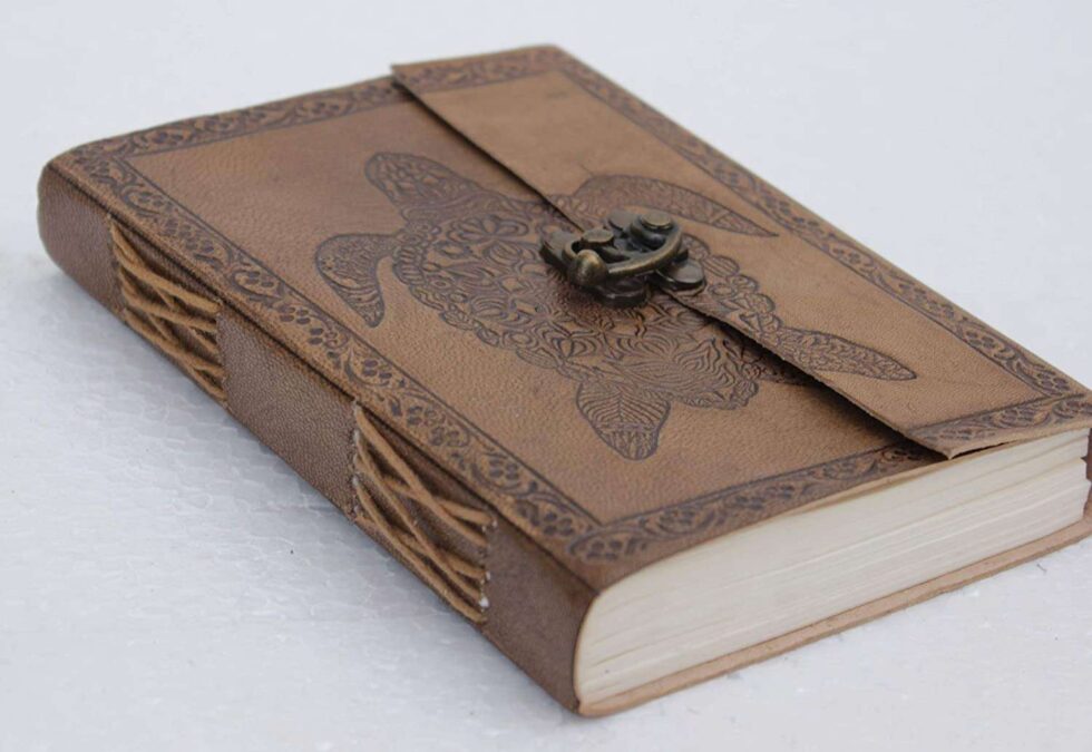 Handmade Brown Leather Journal with Turtle Embossing – Vintage Lock Diary for Writing, Sketching & Gifting (BLACKLUXE CRAFTS) - BLACKLUXECRAFTS
