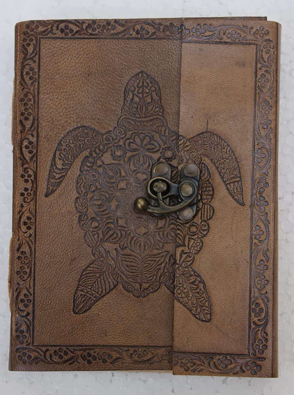 Handmade Brown Leather Journal with Turtle Embossing – Vintage Lock Diary for Writing, Sketching & Gifting (BLACKLUXE CRAFTS) - BLACKLUXECRAFTS