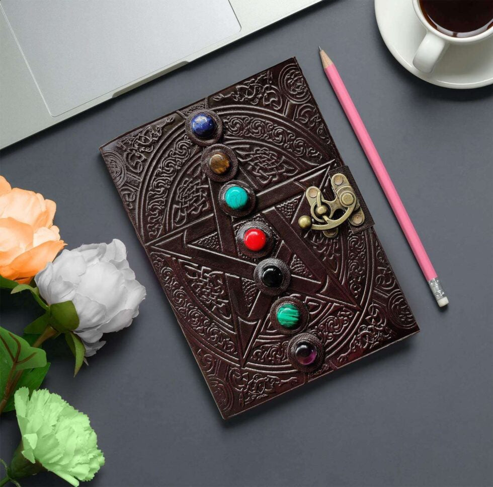 Handmade Leather Journal with Chakra Stones & Pentagram Design – Vintage Lock Diary for Writing, Witchcraft & Gifting (BLACKLUXE CRAFTS) - BLACKLUXECRAFTS