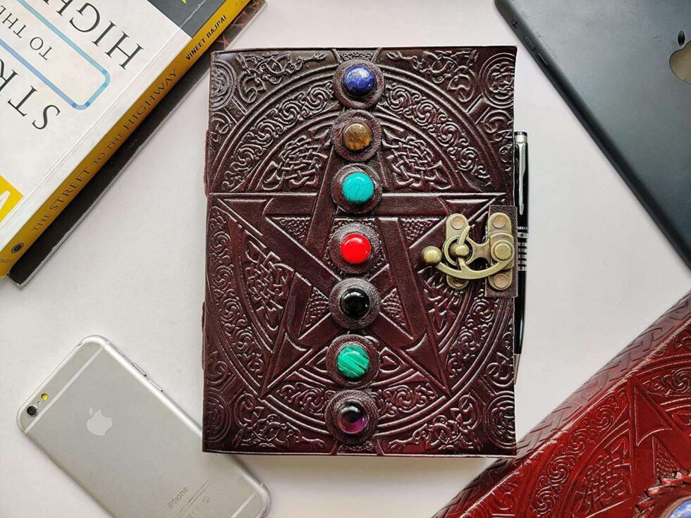 Handmade Leather Journal with Chakra Stones & Pentagram Design – Vintage Lock Diary for Writing, Witchcraft & Gifting (BLACKLUXE CRAFTS) - BLACKLUXECRAFTS
