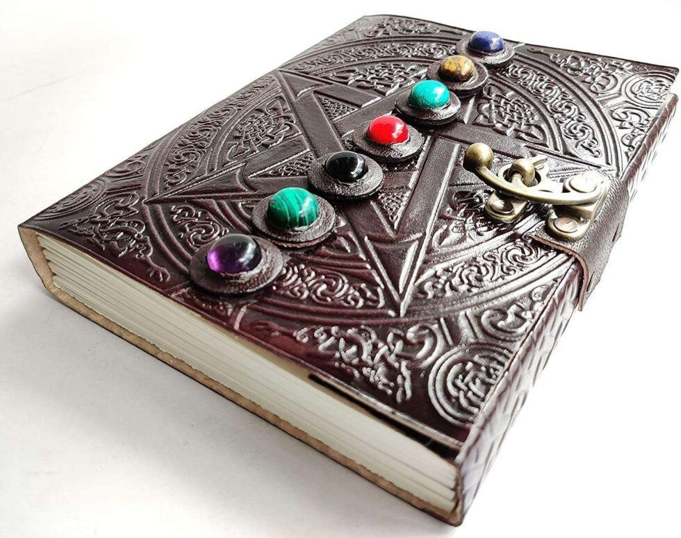 Handmade Leather Journal with Chakra Stones & Pentagram Design – Vintage Lock Diary for Writing, Witchcraft & Gifting (BLACKLUXE CRAFTS) - BLACKLUXECRAFTS