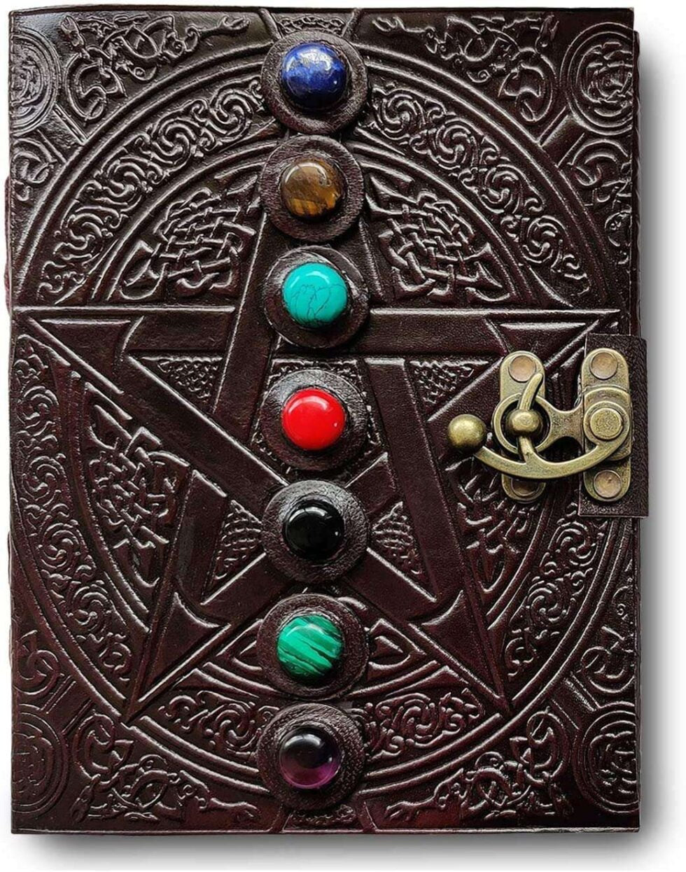 Handmade Leather Journal with Chakra Stones & Pentagram Design – Vintage Lock Diary for Writing, Witchcraft & Gifting (BLACKLUXE CRAFTS) - BLACKLUXECRAFTS