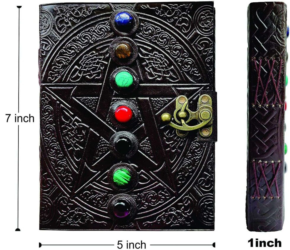 Handmade Leather Journal with Chakra Stones & Pentagram Design – Vintage Lock Diary for Writing, Witchcraft & Gifting (BLACKLUXE CRAFTS) - BLACKLUXECRAFTS