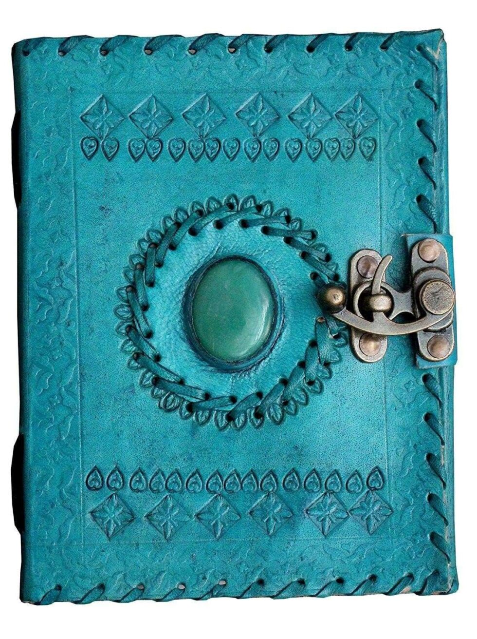 Handmade Turquoise Leather Journal with Gemstone & Lock – Vintage Writing Notebook, Travel Diary, Wiccan Spell Book, Sketchbook (BLACKLUXE CRAFTS) - BLACKLUXECRAFTS
