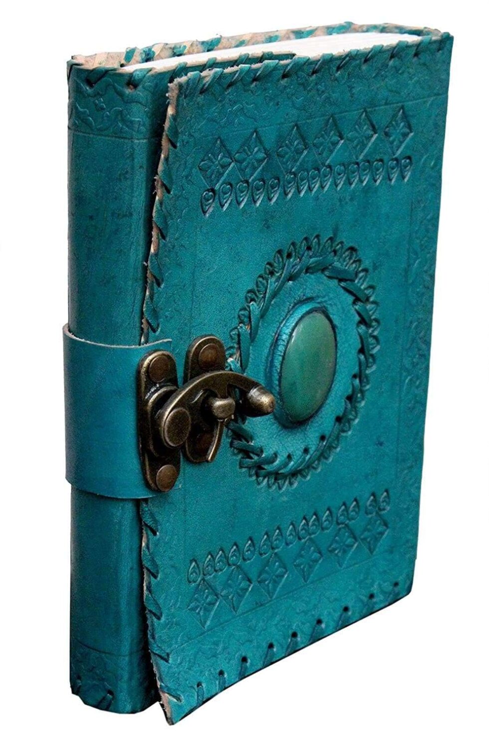 Handmade Turquoise Leather Journal with Gemstone & Lock – Vintage Writing Notebook, Travel Diary, Wiccan Spell Book, Sketchbook (BLACKLUXE CRAFTS) - BLACKLUXECRAFTS