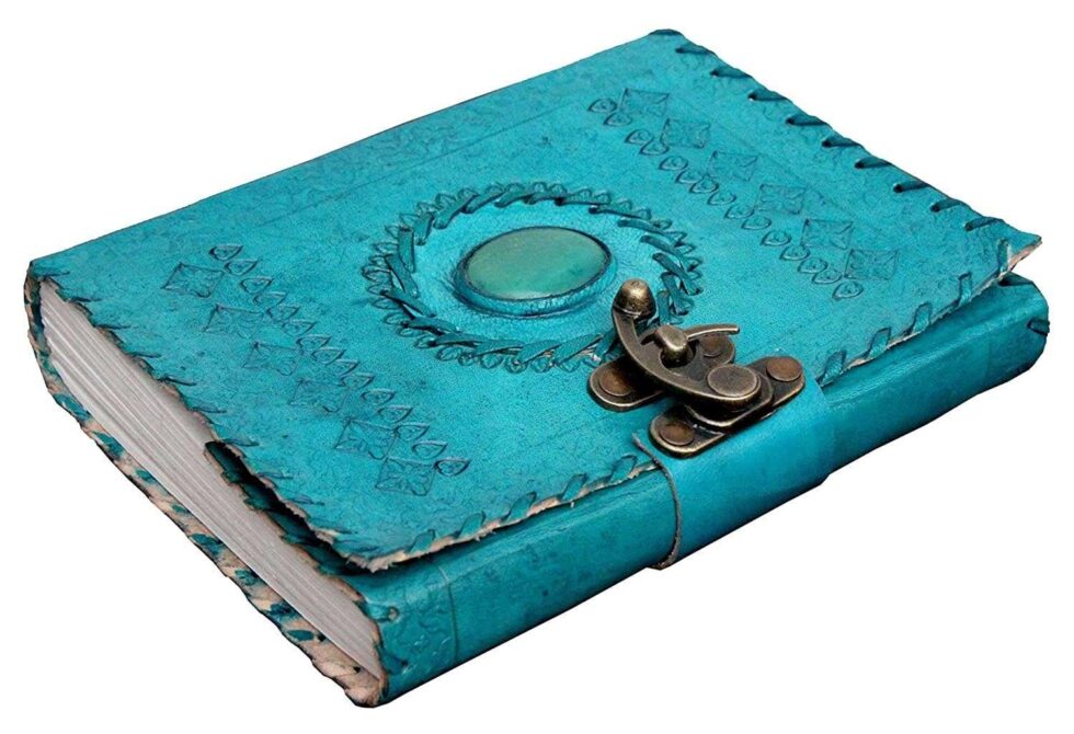 Handmade Turquoise Leather Journal with Gemstone & Lock – Vintage Writing Notebook, Travel Diary, Wiccan Spell Book, Sketchbook (BLACKLUXE CRAFTS) - BLACKLUXECRAFTS