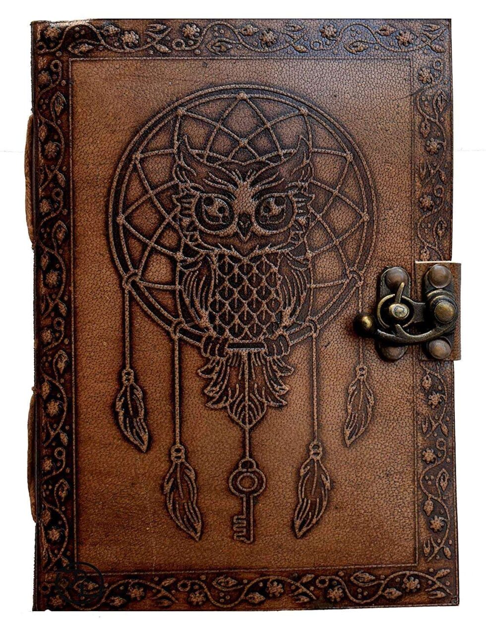 Handmade Leather Journal with Owl Dreamcatcher & Lock – Vintage Writing Notebook, Boho Diary, Travel Sketchbook (BLACKLUXE CRAFTS) - BLACKLUXECRAFTS