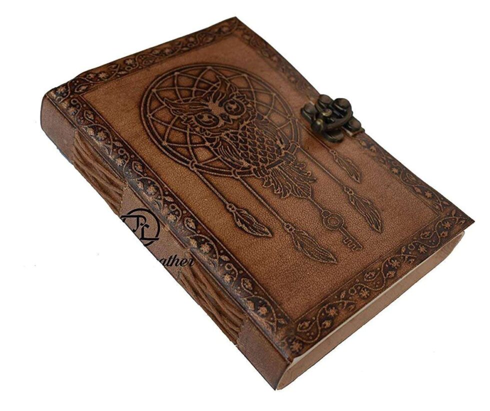 Handmade Leather Journal with Owl Dreamcatcher & Lock – Vintage Writing Notebook, Boho Diary, Travel Sketchbook (BLACKLUXE CRAFTS) - BLACKLUXECRAFTS