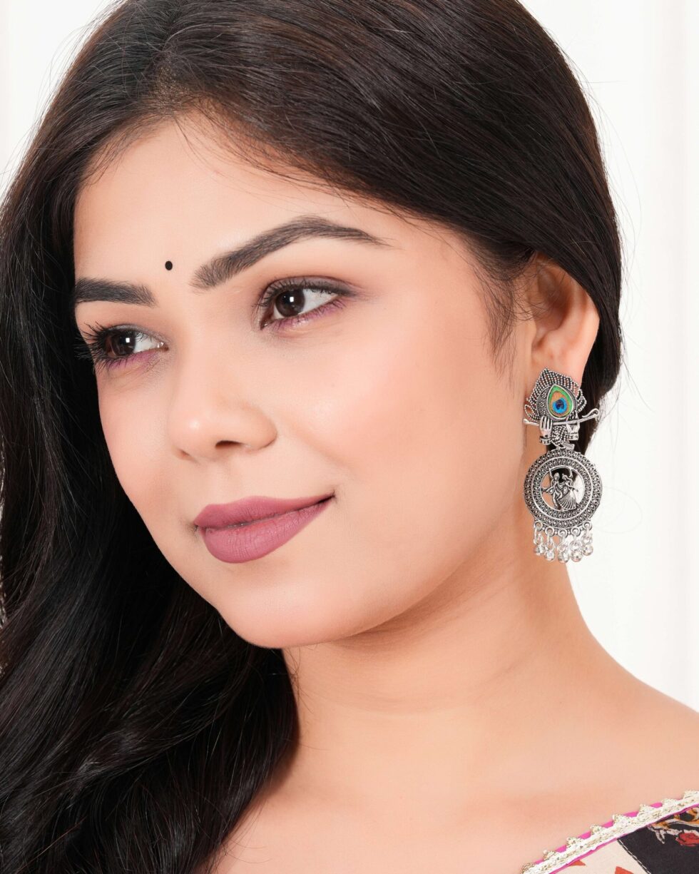 Oxidized Silver Radha Krishna Earrings with Peacock Feather – Traditional Indian Ethnic Dangle Jhumka Jewelry for Women (BLACKLUXE CRAFTS) - BLACKLUXECRAFTS